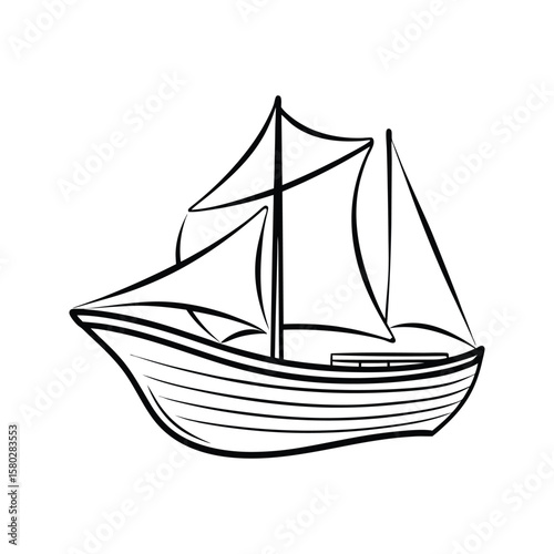 Black ink drawing of a sailing vessel with multiple sails sailing boat ship
