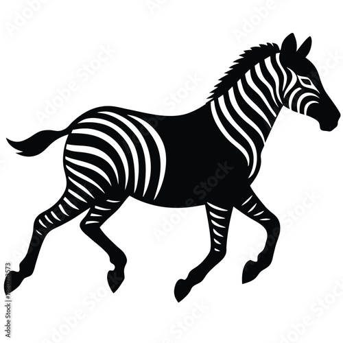 Silhouette of a Zebra Galloping with Black and White Stripes, Graceful Animal