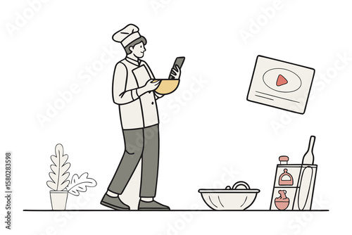Chef using a smartphone to follow a recipe while preparing food in a kitchen setting with cooking utensils and ingredients