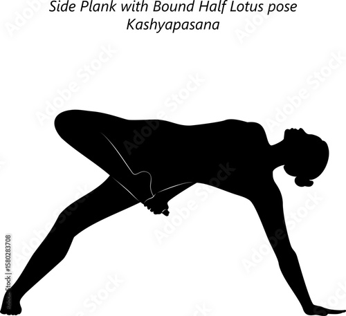 Silhouette of woman practicing Kashyapasana yoga pose. Side Plank with Bound Half Lotus yoga pose. Isolated vector illustration