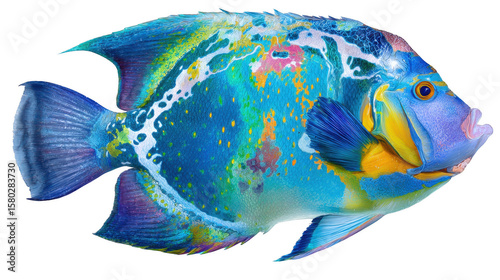 An intricately detailed digital illustration of a colorful fish with vibrant blues, yellows, greens, and purples against a clean white background showcases nature.