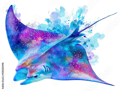 A vibrantly colored stingray illustration with galaxy patterns swims through abstract watercolor splashes on a clean white background with a celestial feel.