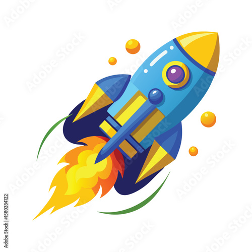 Blue and yellow rocket ship ascending with fiery exhaust and orbiting spheres spaceship space
