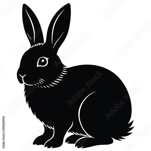 Stylized Black Silhouette of a Crouching Rabbit with Long Ears and Furry Details