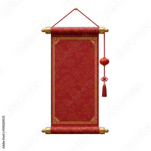 Traditional Red and Gold Chinese Scroll Illustration with Hanging Tassel