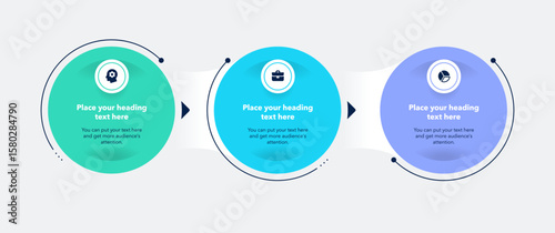 Circular horizontal process infographic template with three options or steps. Flat presentation diagram with minimalistic icons for data visualization.