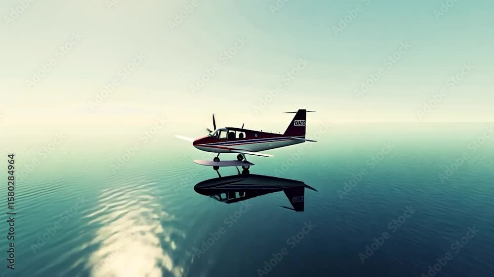 Single-engine seaplane floats calmly on tranquil, teal water under a pale sky, its reflection mirrored perfectly on the surface