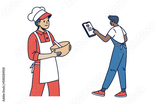 Chef with mixing bowl consults recipe on smartphone held by another person