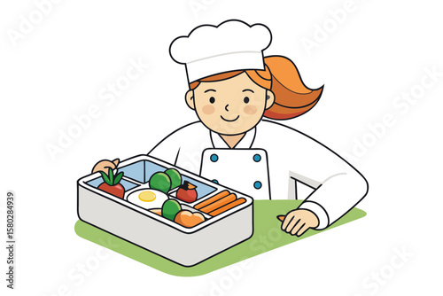 Smiling cartoon chef woman preparing a healthy and colorful bento box lunch with fresh ingredients