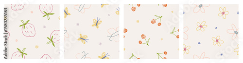 Kids drawings, seamless patterns set. Hand-drawn childlike doodles, scribbles, sketches, endless backgrounds. Repeating prints, flowers, berries, butterflies, cute nature. Flat vector illustrations