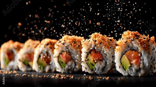 Sushi on a dark background. Fresh seafood and rice food. Bright sushi rolls with tuna and avocado in masago caviar. Japanese style food serving. Golden dragon sushi roll with crab flying on dark backg