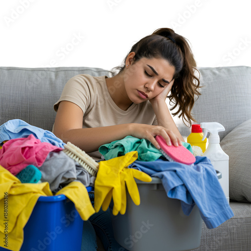 Transparent PNG of Tired Woman with Cleaning Supplies in a Messy Home