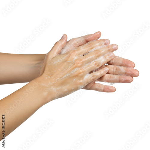Soaping Hands For Hygiene With Water In Isolated Transparent Background