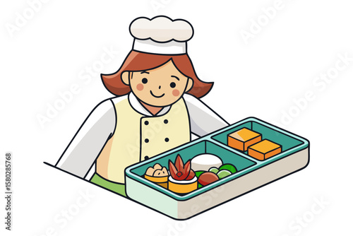 Smiling cartoon chef presents a delicious bento box filled with various food items and cubed snacks