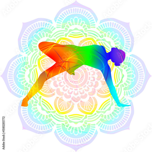 Colorful silhouette of woman practicing Kashyapasana yoga pose. Side Plank with Bound Half Lotus yoga pose. Isolated vector illustration