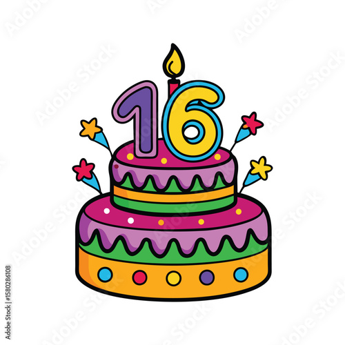 Festive multi tiered birthday cake with numeral candles and sparkling decorations celebration party