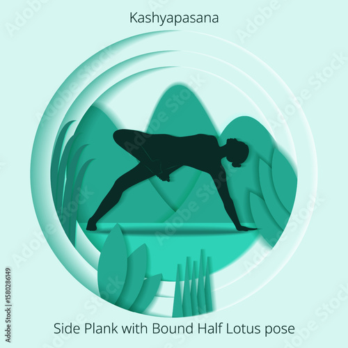 Kashyapasana yoga pose. Side Plank with Bound Half Lotus yoga pose. International Yoga Day. Paper cut design. Isolated vector illustration.