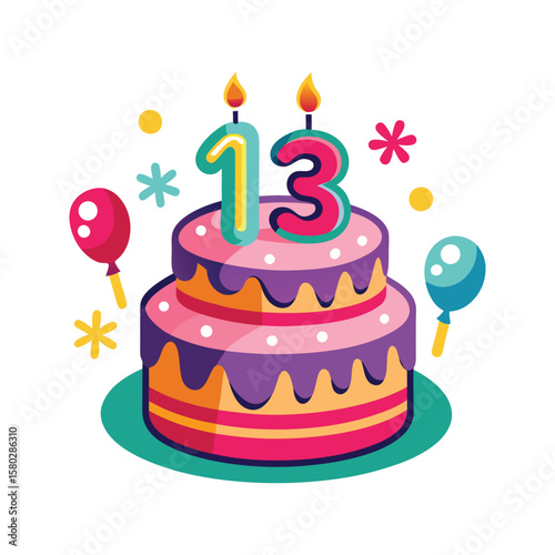 Festive tiered cake with colorful candles and balloons birthday cake celebration
