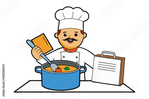 Friendly cartoon chef with a mustache stirs a pot of soup while consulting a recipe book
