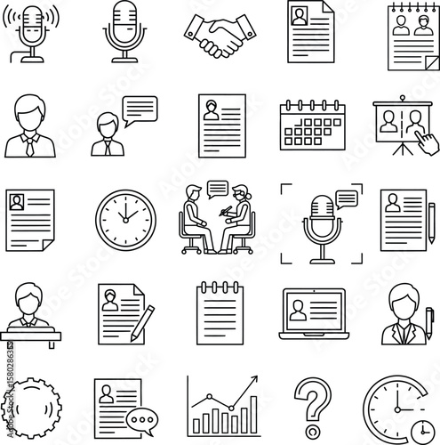 Interview Process and Corporate Communication Icons, Resumes and Meetings Symbols