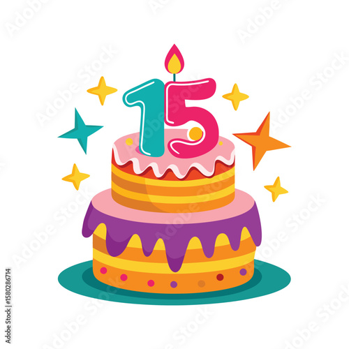 Festive tiered cake with numeral candles and sparkling stars birthday cake celebration