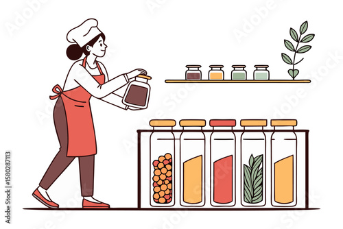 A cheerful chef in an apron and hat carefully places a jar of spices on a shelf in a well organized kitchen