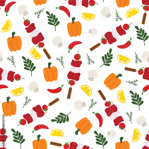 Grilled meat with vegetables seamless pattern. Cooking food on fire, picnic party. Background with champignons, paprika, herbs, spices, chili stove, lemons and Shish kebab. Street food print, vector