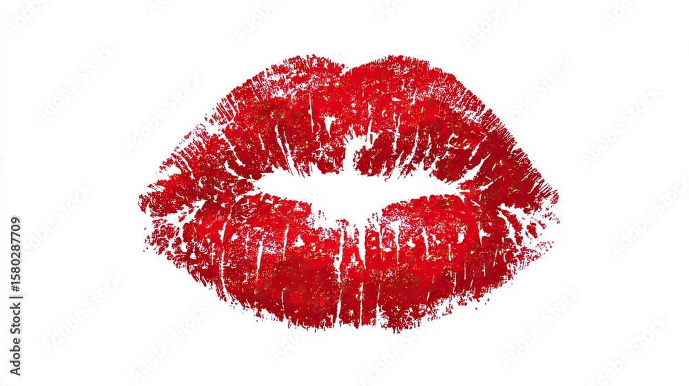 Fototapeta premium Red lipstick kiss print on white background with smudged textured edges in sensual minimal pop art style