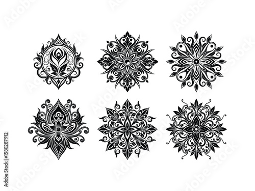 Intricate black floral mandala designs on white background ornamental decorative