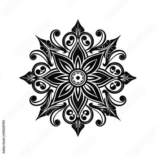 Intricate black floral mandala with swirling decorative elements ornamental white
