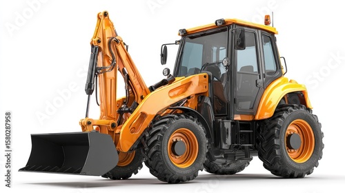 Yellow backhoe loader with a black bucket on a white background