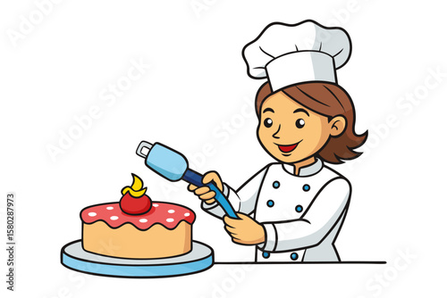 Happy cartoon chef decorating a delicious cake with a blow torch in a professional kitchen setting