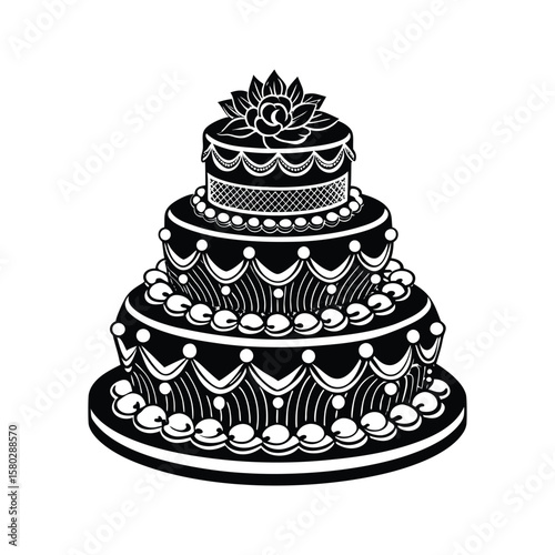 Multi tier cake with floral decoration and piped icing vector