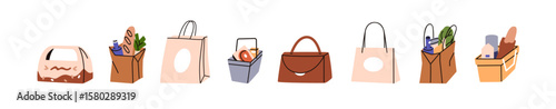 Shopping bags, baskets, paper packagings with goods, set. Grocery store containers, totes, packs with food, purchases, for market and supermarket. Flat vector illustration isolated on white background