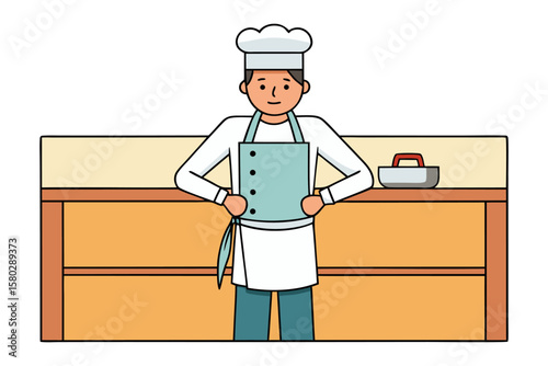 Friendly cartoon chef standing proudly in a kitchen with cooking utensils and countertops