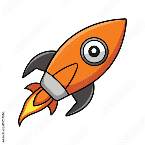 Orange rocket ship with black fins and flame spaceship space