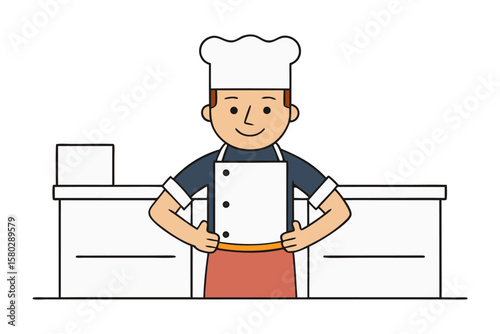 Friendly cartoon chef in uniform with toque and apron stands confidently in a clean kitchen setting