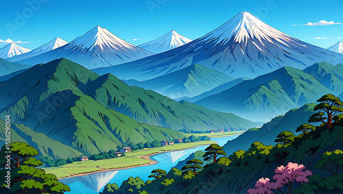 mountain landscape with mountains and clouds,snowy mountains, scenic river, green forest, Japanese landscape, Mount Fuji, natural beauty, mountain valley, peaceful nature, spring scenery, panoramic vi