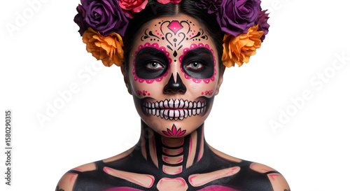 Portrait Of Woman with Sugar Skull Makeup and Flower Crown PNG
