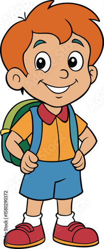 Vector art of a cheerful cartoon boy with a backpack is ready for school, isolated on white background
