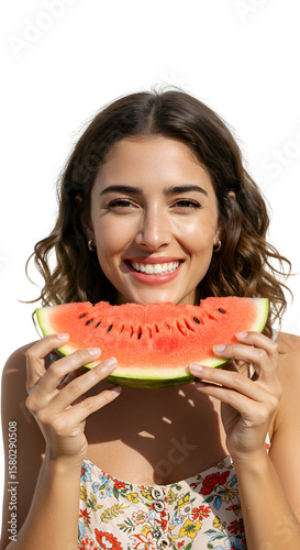 Potrait Of Woman Eating Slice Of Watermelon Against Transparent Background
