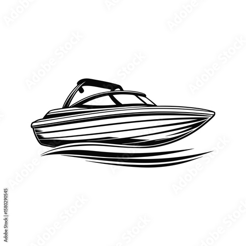 Sleek black speedboat sailing on stylized water waves watercraft marine