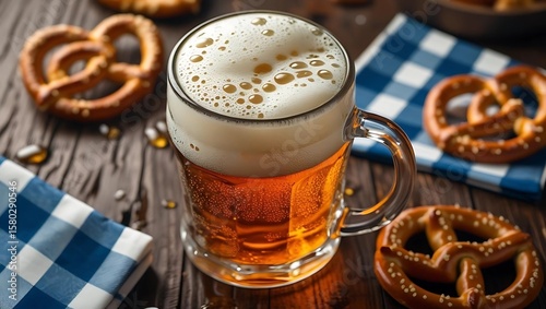 Close-up of a frothy beer mug with condensation, placed on a wooden table with pretzels and blue-checkered napkins, classic Oktoberfest style