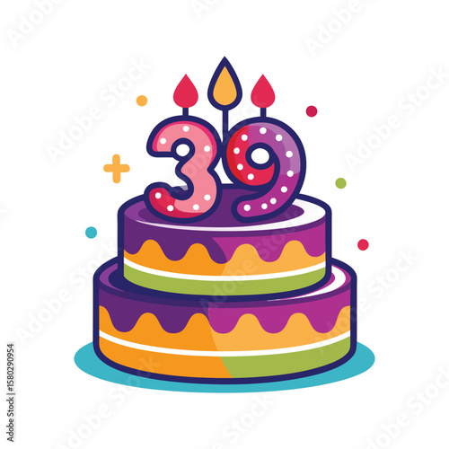 Two tiered birthday cake with number thirty nine candles and festive dots celebration