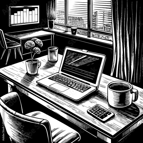 Vector flat style modern remote workspace with laptop, coffee, charts, zoom meeting, minimal interior, productivity concept, pastel colors