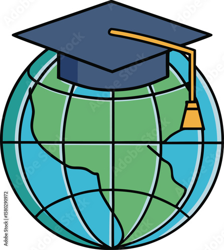Vector art of a graduation cap sits atop a globe, symbolizing global education and achievement
