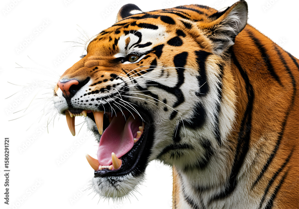 Naklejka premium Isolated Portrait of Roaring Orange Tiger with Fangs in Transparent Background