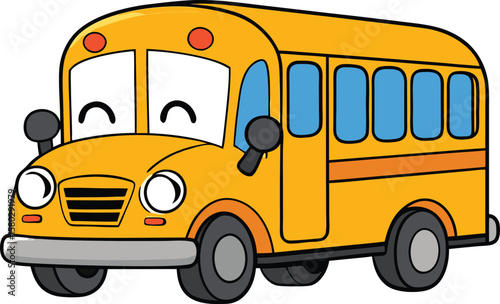 Vector art of a classic cartoon school bus with a friendly expression is ready to pick up students for their daily commute