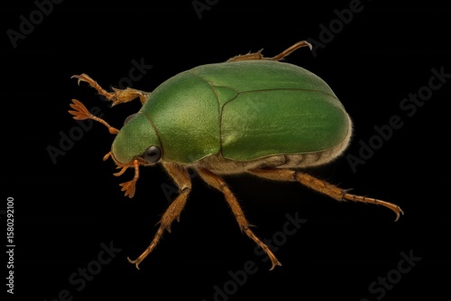 A vibrant green beetle with orange legs stands out against a stark black background