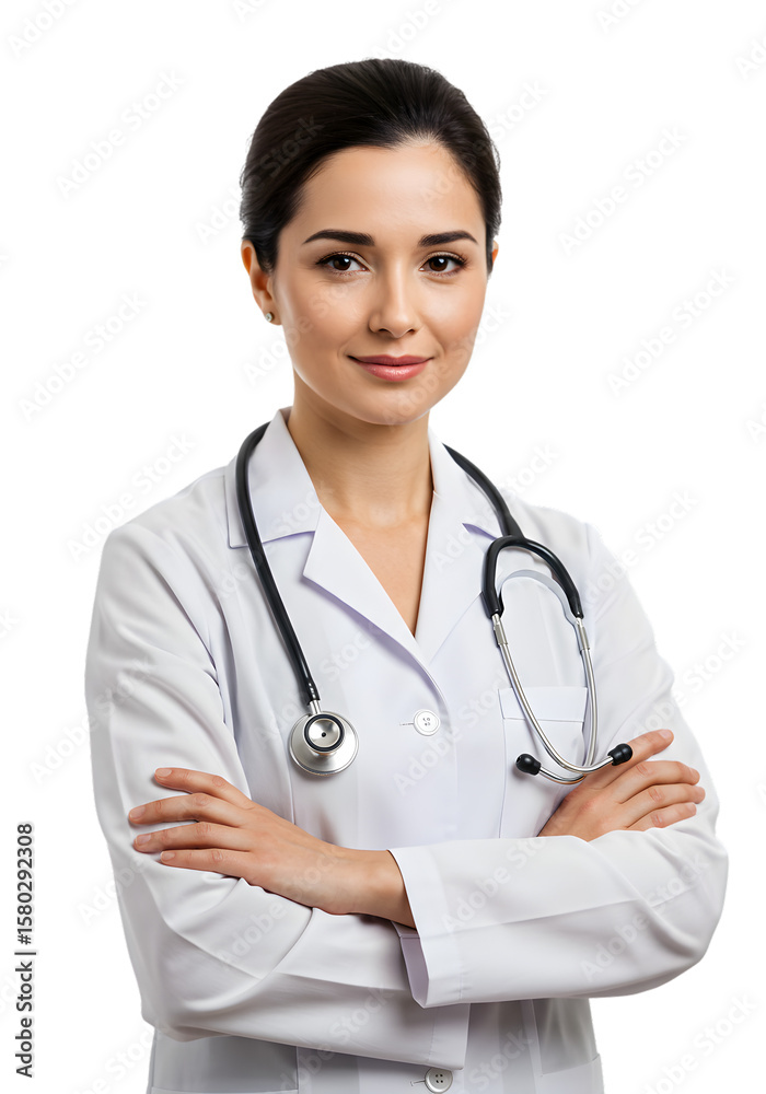 Isolated Portrait of Smiling Female Doctor with Stethoscope in White Coat Isolated Portrait of Smiling Female Doctor with Stethoscope in White Coat